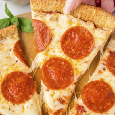 A close up of a slice of pizza