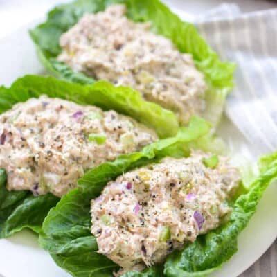 keto tuna salad in lettuce wraps.