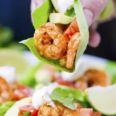 Hand holding a shrimp lettuce wrap.