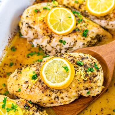 Lemon butter chicken in baking dish.